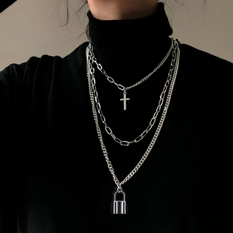 2022 Fashion Uni Multilayer Hip Hop Long Chain Necklace For Women Men Jewelry Gifts Key Cross Pendant Necklace Accessories