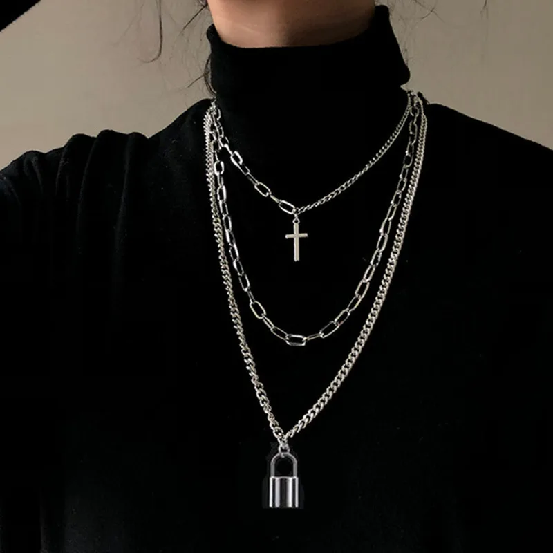 2020 Fashion Unisex Multilayer Hip Hop Long Chain Necklace For Women Men Jewelry Gifts Key Cross Pendant Necklace Accessories