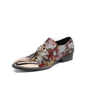 

Fashion 2018 New Cow Genuine Leather British Style Loafers Round Toe Slip On High Heels Carved Men's Party Casual Red Shoes