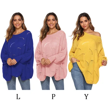 

Sweater Women Loose Cloak Casual Soft Lantern Sleeve Hollow Out Pullovers Fashion Knit O-neck Wave Hem Solid Female Sweaters