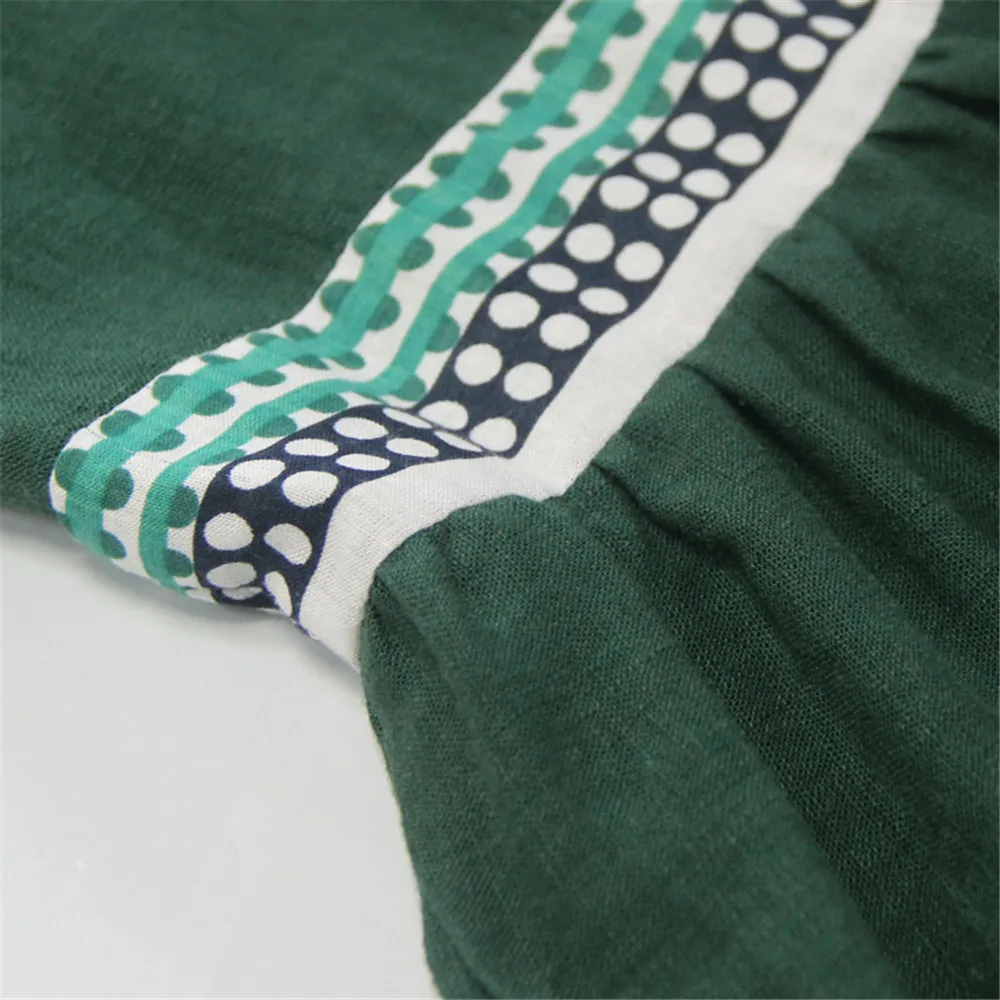 Vintage Summer Green Dress 2019 Cotton Linen Women's Dresses A-line Patchwork Striped Green Strap Vestidos 82182 pleated Dress (19)