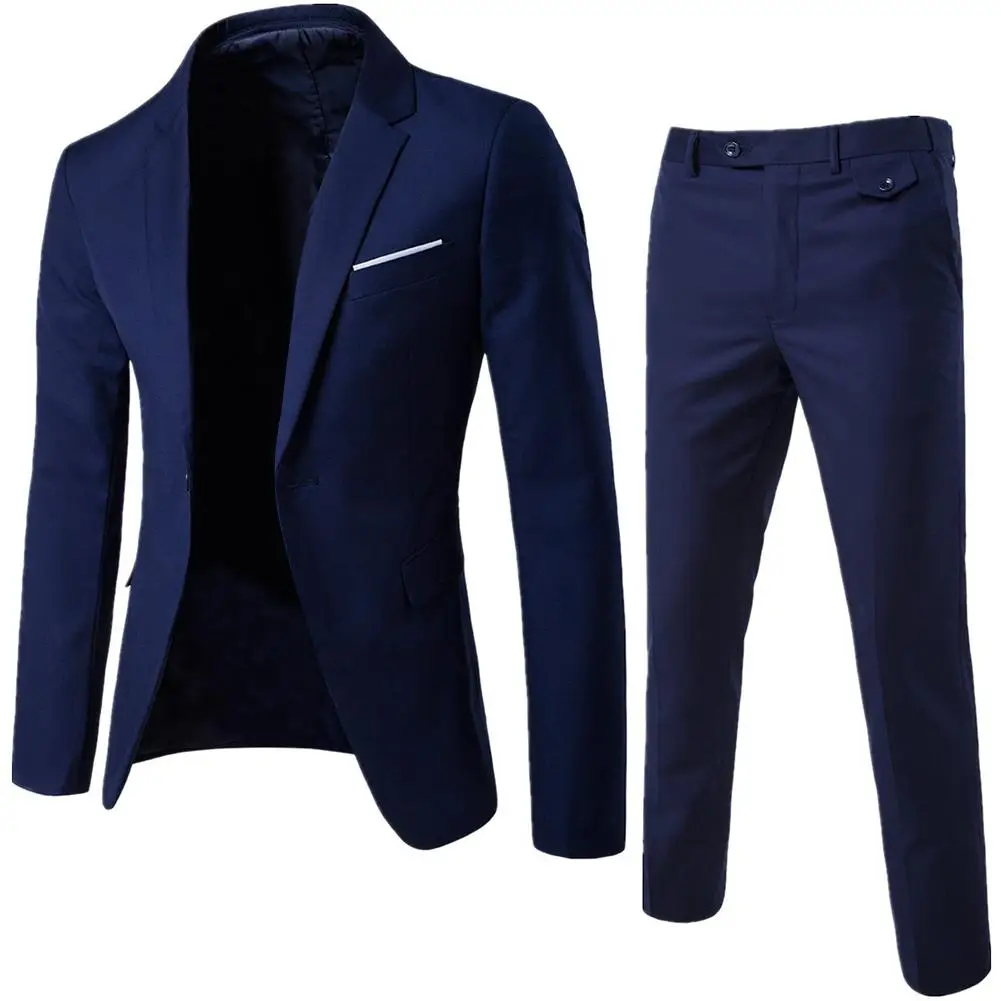 2 unids/set traje de los hombres de talla grande de los hombres de manga larga de Color sólido solapa Slim botón traje ropa de trabajo trajes de negocios