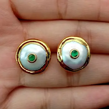 

16mm Freshwater White Coin Pearl Gold color Plated Stud Green Cz Earrings