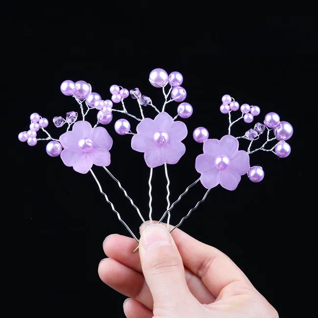 hehua purple Роскошные 10 шт./компл. женская свадебная прическа шпильки для девочек ручной работы цветок заколки для волос Цветочная корона украшения подружки невесты - Окраска металла: hehua purple