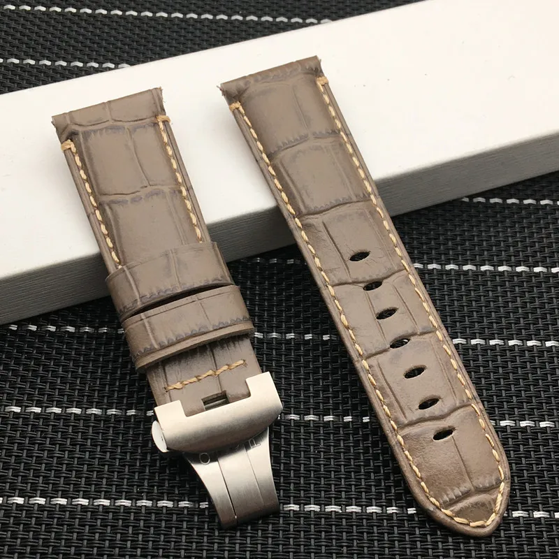 Light Green strap Высокое качество 24 мм настоящая Италия из натуральной бамбуковой кожи ремешок для часов с Бабочкой Пряжка Для Panerai ремешок инструменты - Цвет ремешка: Light Green strap