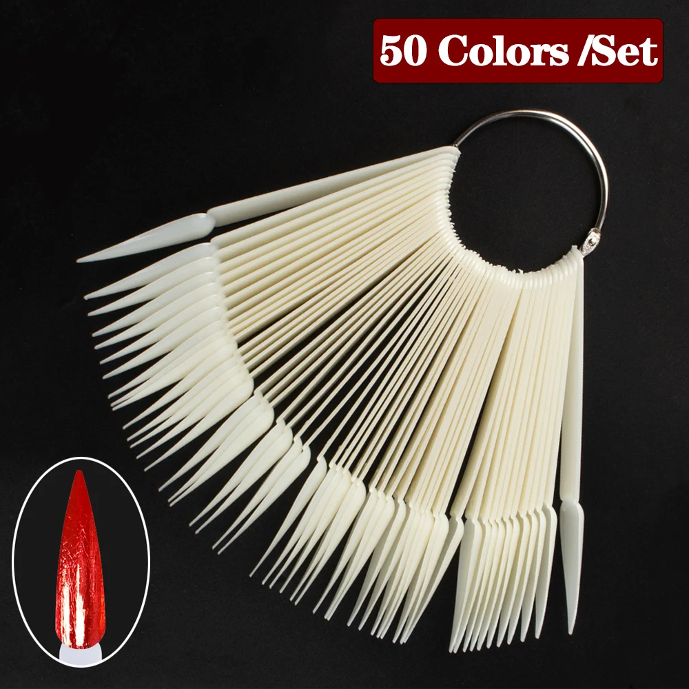 50pcs False Nail Tips Gel Polish Practice Card Display Long Stiletto Sharp Showing Chart Palette Buckle Ring Manicure Tool