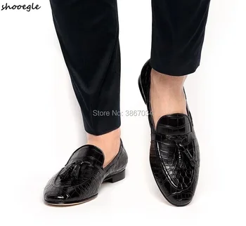 

SHOOEGLE Black Dark Blue Crocodile Pattern Loafers Men Tassels Casual Shoes Slippers Moccasins Man Flats