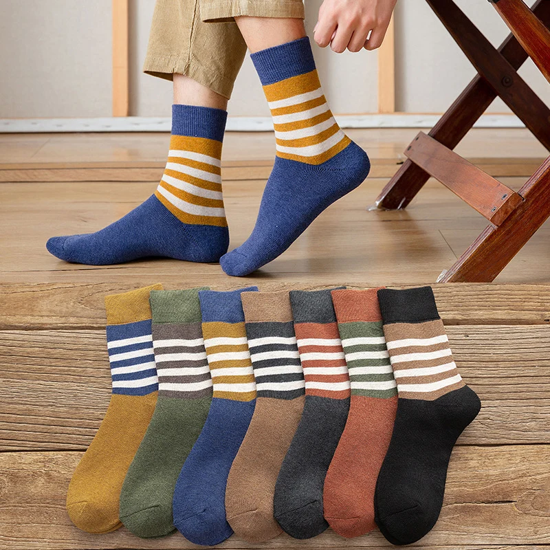 Crew Socks Men Striped Hosiery Mid Calf Long Socks Streetwear Funny