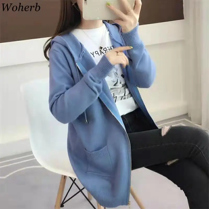Woherb корейский модный женский свитер на молнии, однотонный кардиган с капюшоном, топы, осенне-зимняя одежда, трикотаж, стиль 91073
