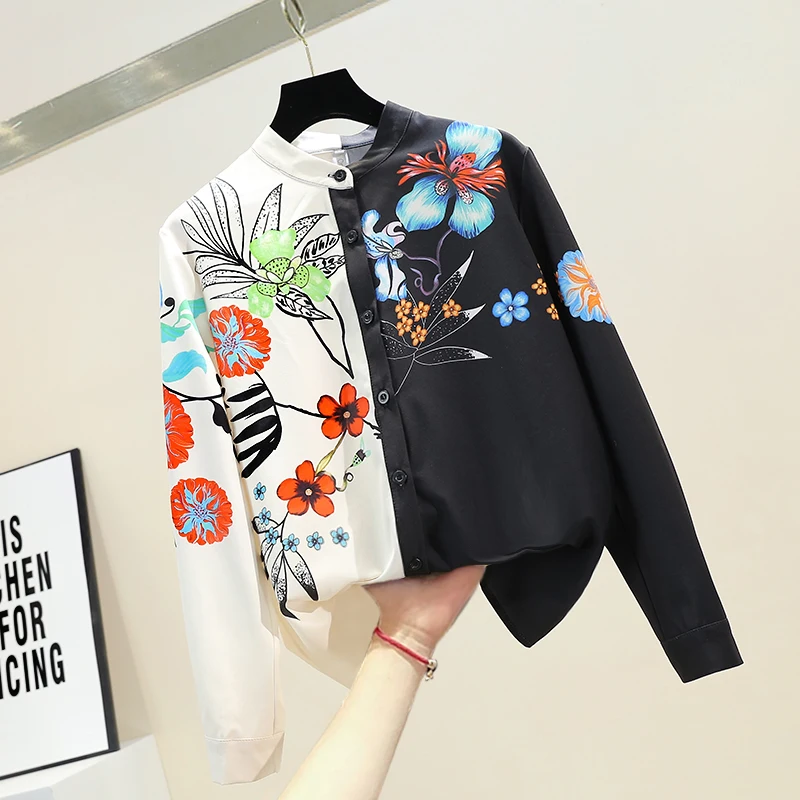 

Spring 2020 New Retro Print Blouse Woman Slim-Fit Color Block Printed Stand-Collar Shirt Blouses Long-Sleeve Shirt Tops Female