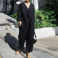 Spring Linen Jumpsuit Women Long Sleeve Solid Color Korean Fashion Sashes Causal Loose Rompers Autumn Playsuits Minimalist
