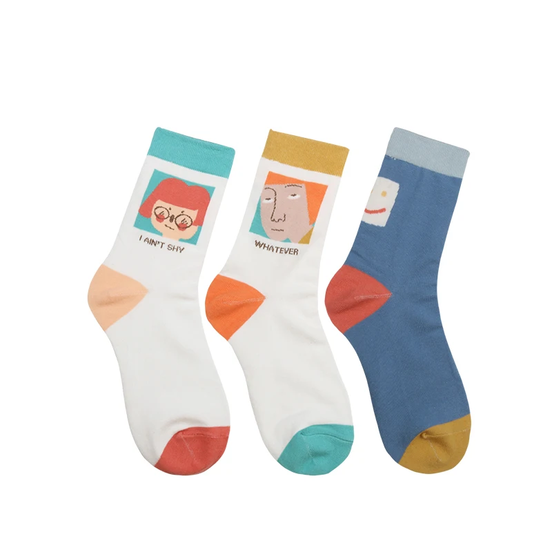 

Casual Autumn Winter Women Cotton Socks Cry Smile Expression Jacquard Color Block Funny Sock