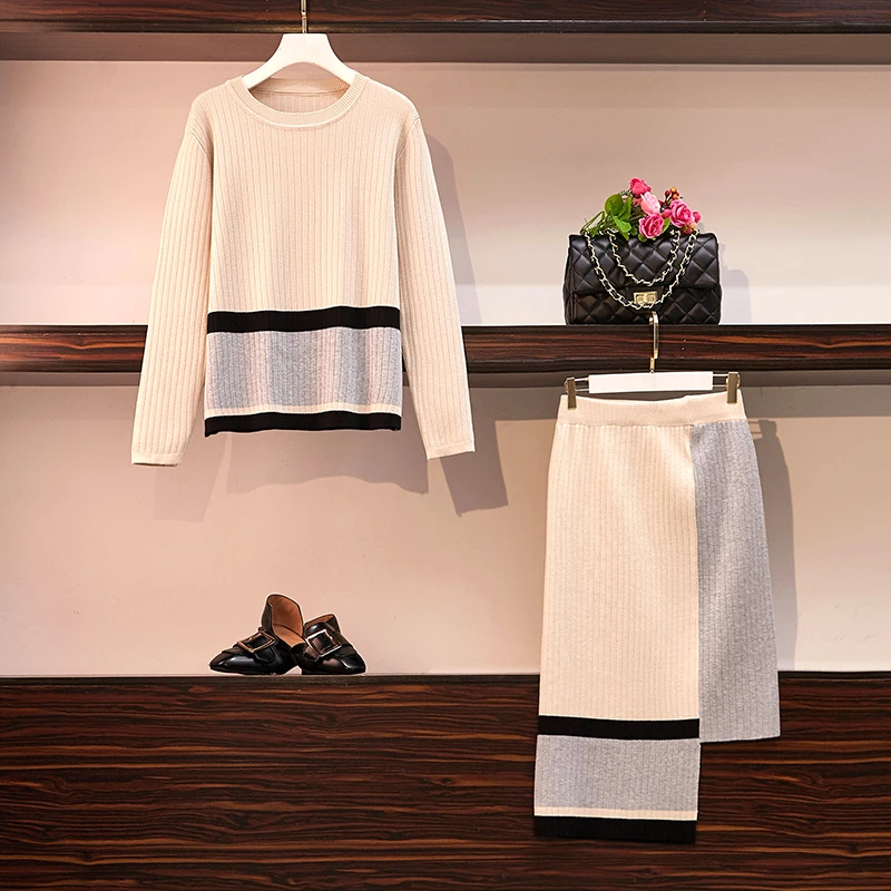 Большие размеры Трикотаж Свитера комплект из 2 предметов осенний женский винтажный пуловер с длинными рукавами Топы+ вязаная стандартная юбка комплект из двух предметов костюм