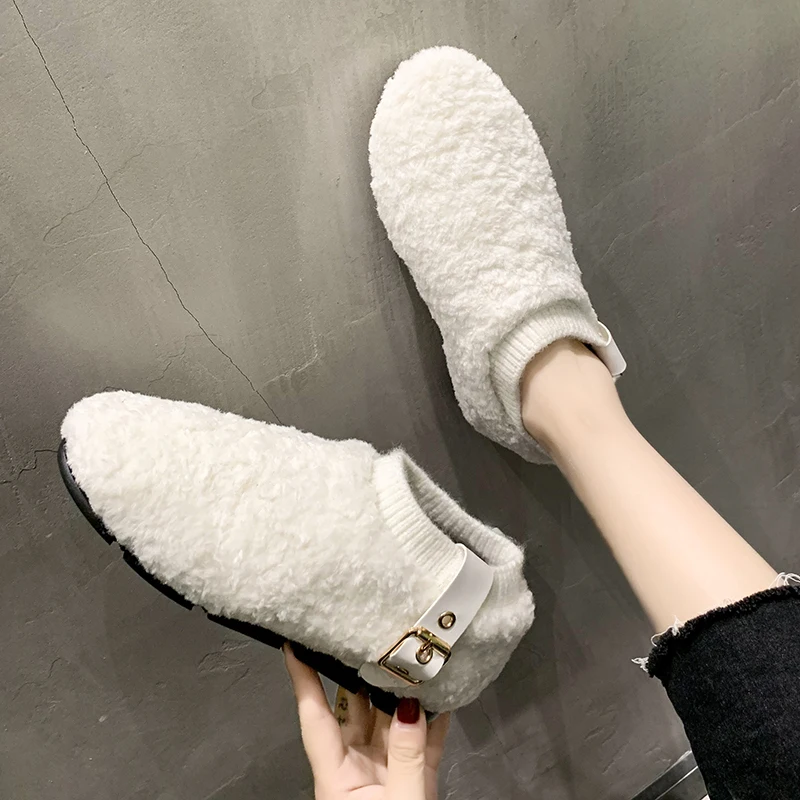 

2019 Winter Fur Shoes Peas Shoes Female Plus Velvet Warm Round Head Flat Pedals Cotton Shoes Scoop Shoes Single Shoes U16-03