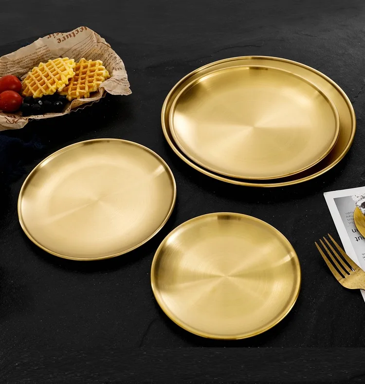 1pcs 17cm stainless steel dish single layer thickened Golden Disc dessert plate et Dinner plate