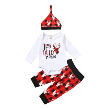 

3 Pcs Newborn Deer Letter Print Outfits Infant Long Sleeve Round Neck Letter Romper + Plaid Trousers + Hat