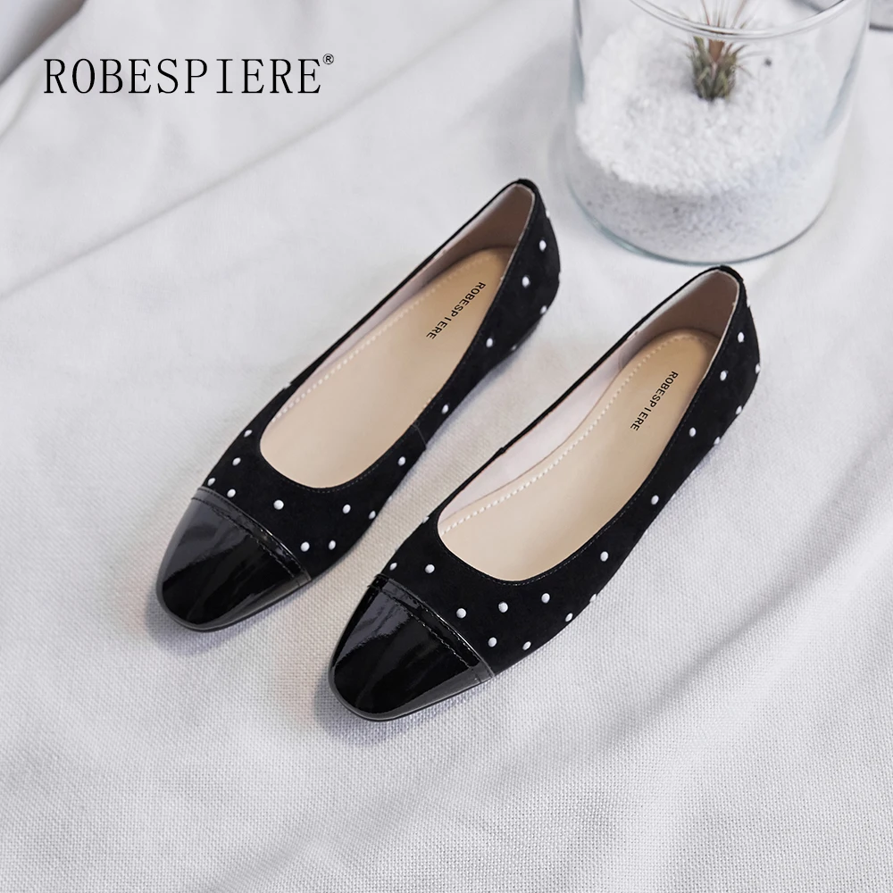 

ROBESPIERE Fashion Casual Lady Loafers Quality Shalow Handmade Leather Shoes Elegant Square Toe Polka Dot Decoration Flats A16