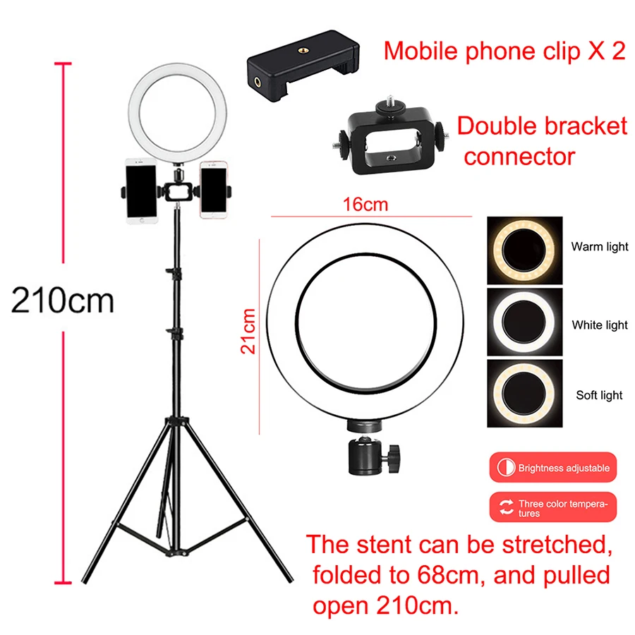 Затемняемый Светодиодный кольцевой светильник 16 см 5 Вт фотостудия камера кольцевая лампа заполняющая свет для видео Live Youtube макияж селфи с штативом