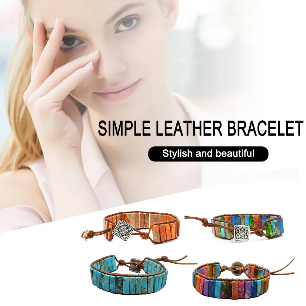 

Natural Stone Handmade Multicolor Chakra Bracelet Jewelry Beads-tubes Single-layer Leather Wrap Bracelet Ethnic Style