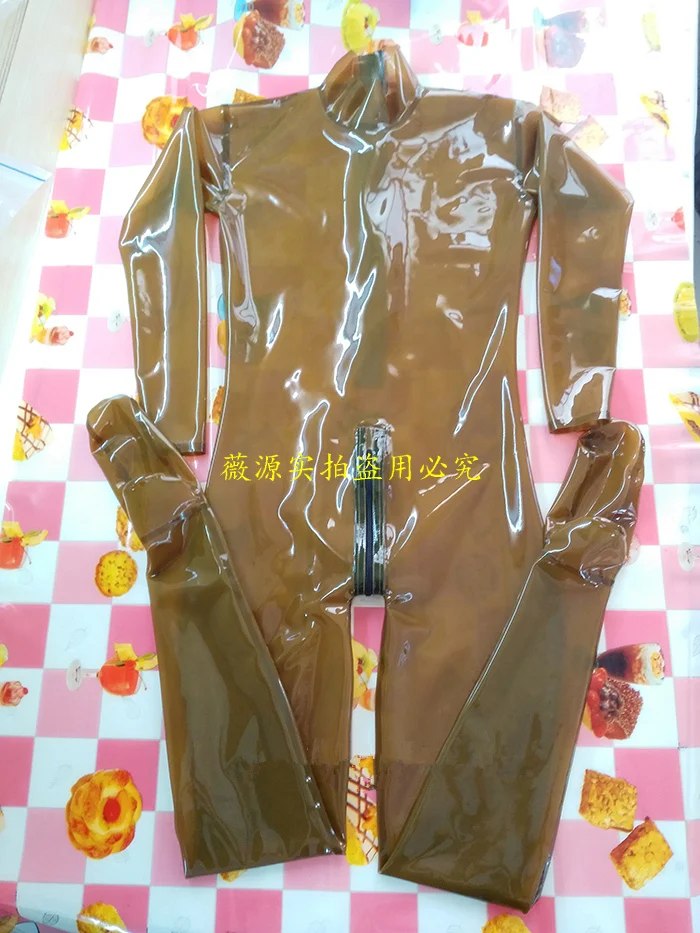 Handmade-Transparent-Brown-Men-Latex-Catsuit-Rubber-Bodysuits-Socks-with-Back-Crotch-Zipper-1
