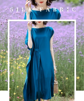 

2020 Summer New 100% Silk Dress Women's Silk Double Satin Loose Large Size Long Dress Black blue yellow red