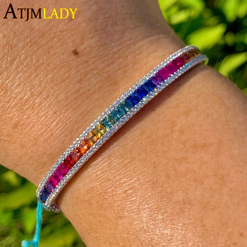 Gold Color Rainbow Cz Cuff Bangle 58mm for Women Colorful Fashion Cubic Zirconia Paved Trendy European Lady Engagement Jewelry