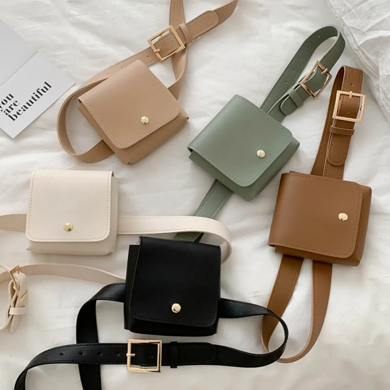 

Fashion Women Mini Belt Bags Solid Color Shoulder Waist Bags Lady Pu Leather Casual Purse Chest Belt Crossbody Small Square Bag