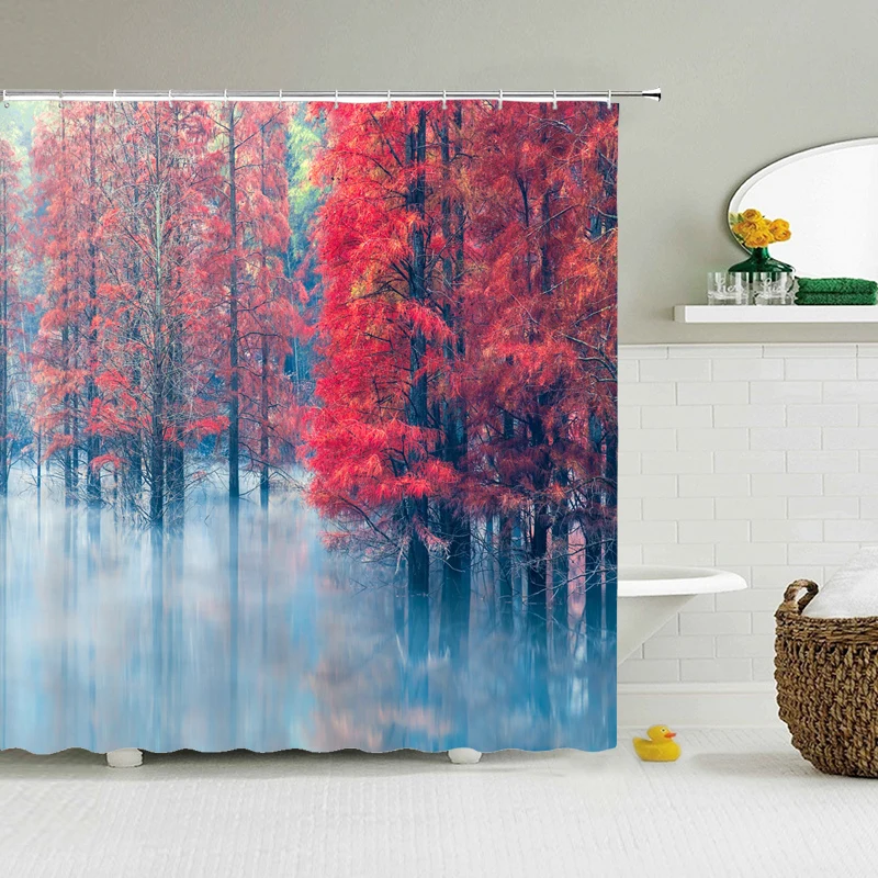 

Natural Scenery Forest Tree Shower Curtain With Hooks Waterproof Bathroom Plant Bath Curtain Polyester Fabric Shower Curtains
