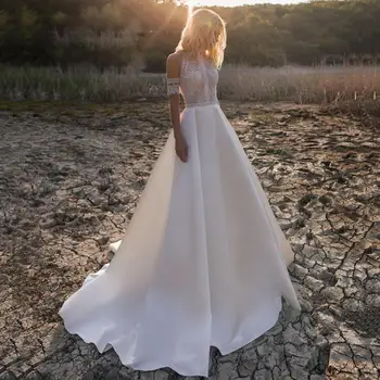

Robe De Mariee Bohemian Wedding Dresses 2020 New Design Lace Satin Bridal Gowns Button Back A-Line Wedding Dress