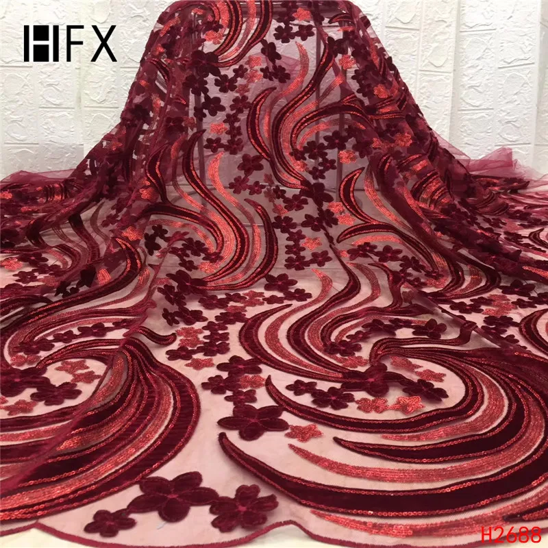 HFX нигерийская кружевная ткань качественное блестящее бархатная ткань с кружевом фуксия розовый вышитый тюль Африканское бархатное кружево ткань H2688