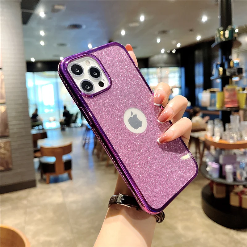 case iphone 13 mini Clear Shining Glitter LOGO Hole Phone Case For iPhone 12 11 Pro Max X XR XS Max 7 8 Plus Soft Rhinestone Shockproof Back Cover iphone 13 mini waterproof case