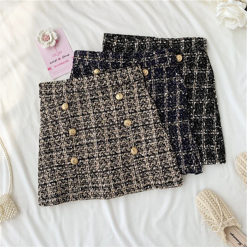 

Small Breeze Plaid Button Skirt Women 2019 New High Waist Joker A-line Skirt Girl Lady All-match Woolen Skirts Nancylim