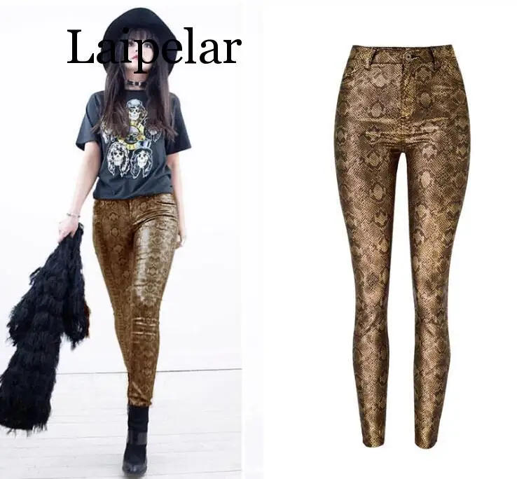 Laipelar, зимние, золотые, серебряные, змеиная кожа, искусственная кожа, брюки для женщин, обтягивающие, высокая талия, брюки, уличная одежда, панк-рок, стрейч, узкие брюки