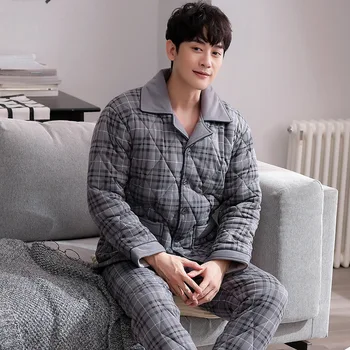 

Plaid Pajamas Men's Thick Three-layer Quilted Warm Coral Fleece Middle-aged Spring and Autumn Ensemble Homme Sommeil Tops 2020