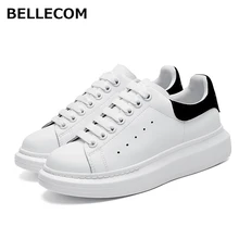 Bellecom/Новинка года; женские и мужские кожаные туфли на плоской подошве; маленькие белые туфли для спорта и отдыха; McQueen; толстая подошва; увеличивающая рост; Размеры 35-45