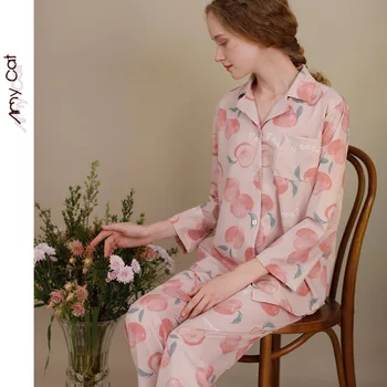 

2020 Autumn Breathable Cotton Satin Big Peach Print Lapel Long-sleeved Trousers Viscose Comfortable Plus Size Pajamas Home Wear