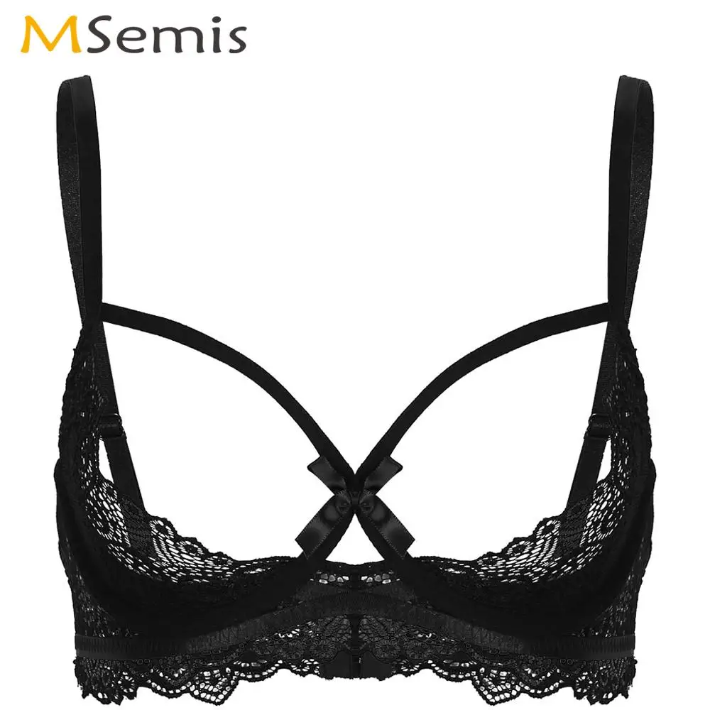 Women Lenceria Lingerie Sexy See Through Sheer Lace Open Bra Spaghetti Strap Half Cups Bralette Top Underwired Cupless Shelf Bra
