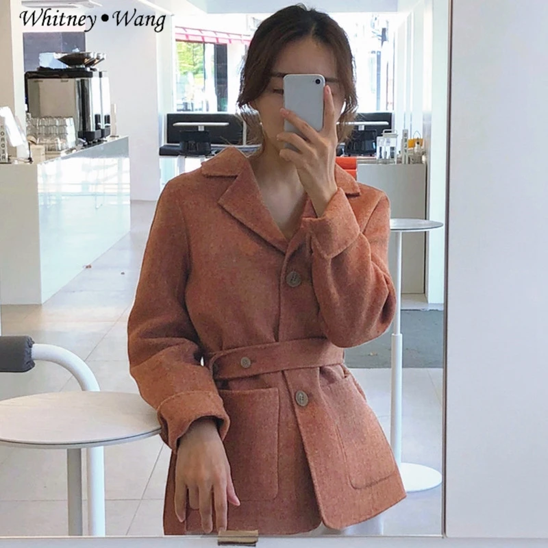 WHITNEY WANG осенне-зимнее модное уличная винтажное стильное шерстяное пальто с поясом женское элегантное шерстяное пальто верхняя одежда - Цвет: Кораллово-Красный