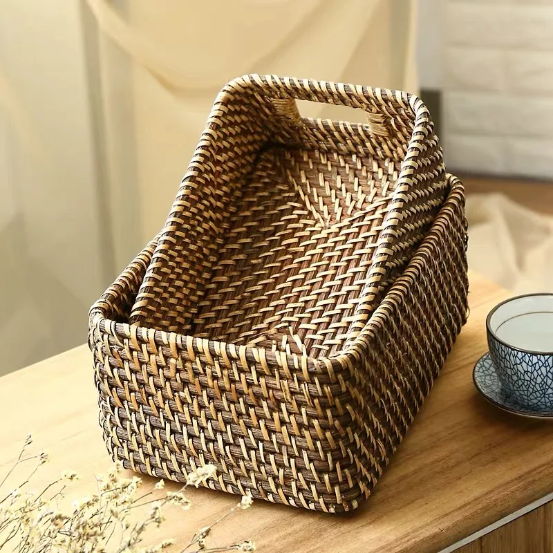 Tabletop storage basket handmade rattan woven sundry tableware tea set storage basket restaurant interior home decoration