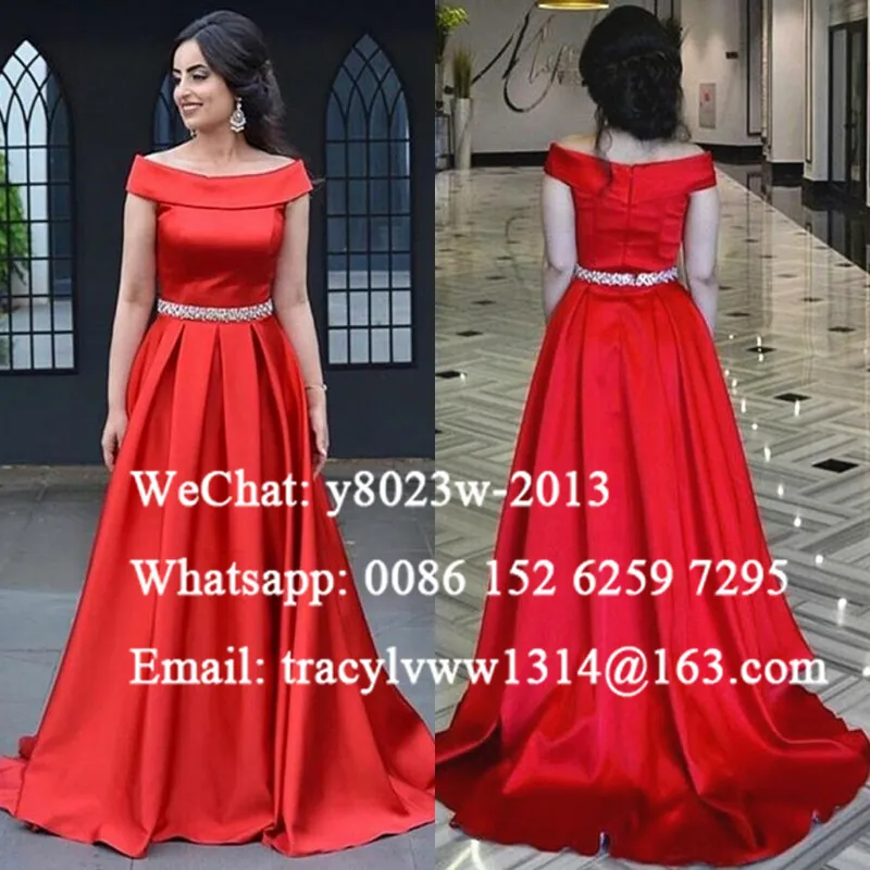 

Chic Long Evening Dress With Beads Waist Off Shoulder 2020 Red Satin Pleat A Line Prom Dresses Party Robe De Soiree