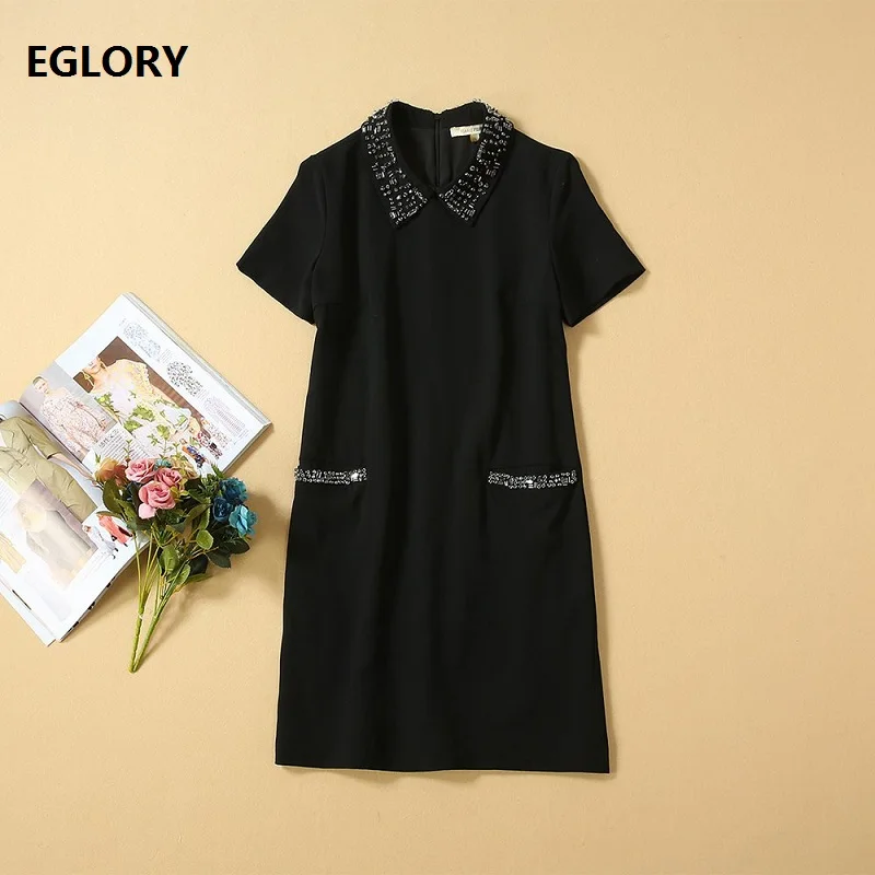 

High Quality Runway Dress 2019 Autumn Style Women Beading Turn-down Collar Short Sleeve Straight Elegant Black Work Dress Basic