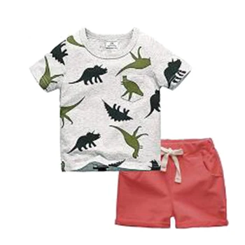 

Cotton Summer Casual Boys T-shirts Shorts Cartoon Dinosaur Print Short Sleeve Suits Clothes For Beach Daily Wear