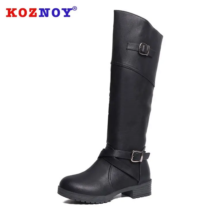 

Koznoy Knight Boots Winter Flat Bottom Dropshipping Round Toe Thick Heel Buckle Drum Fashion Breathable Solid Knee High Boots