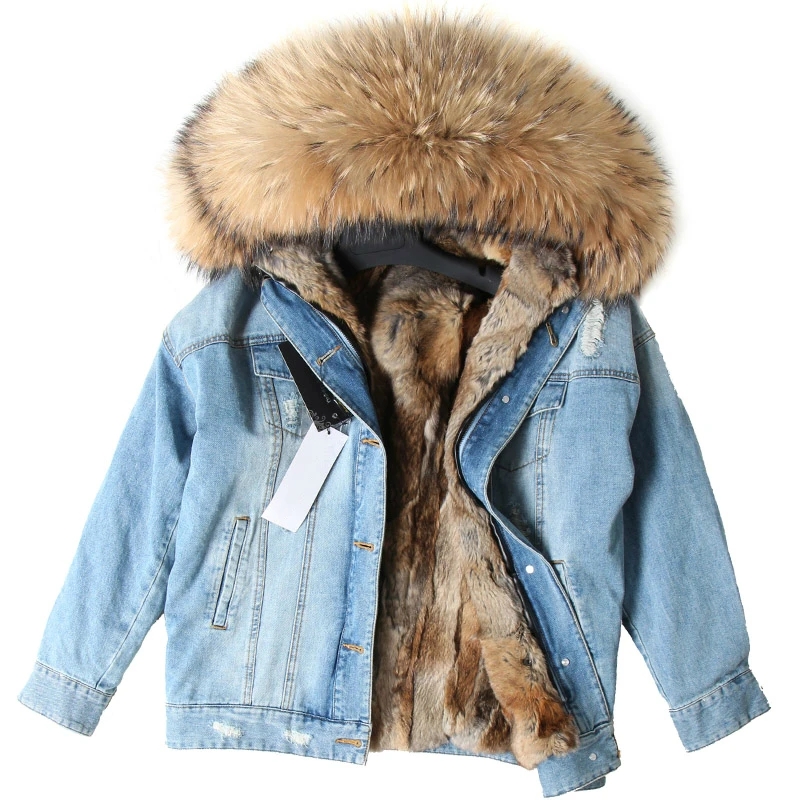 Best OFTBUY 2019 Winter Jacket Women Real Fur Coat Parka Real raccoon collar Rex Rabbit liner striped bomber Denim jacket Streetwear 3