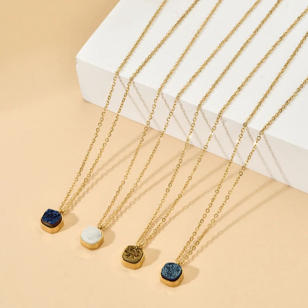 ZMZY Druzy Agates Necklaces for Women Men Crystal Quartz Pendant Charms Natural Stone S-steel Chain Necklace | Украшения и