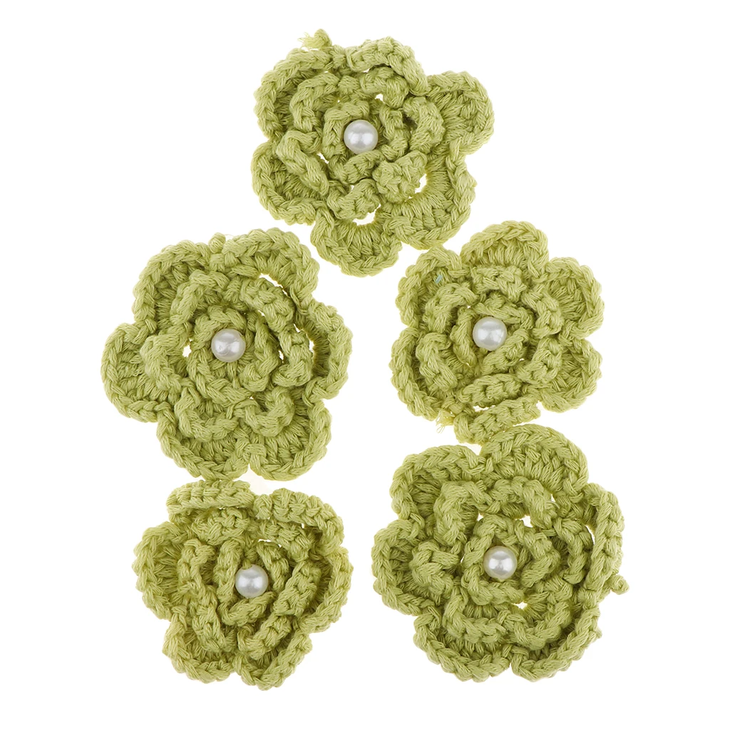5 Pcs Yarn Crochet Flower Handmade Appliques Embellishment DIY Sewing Scrapbooking Craft Pearl Knitted Crochet Flowers Accessory