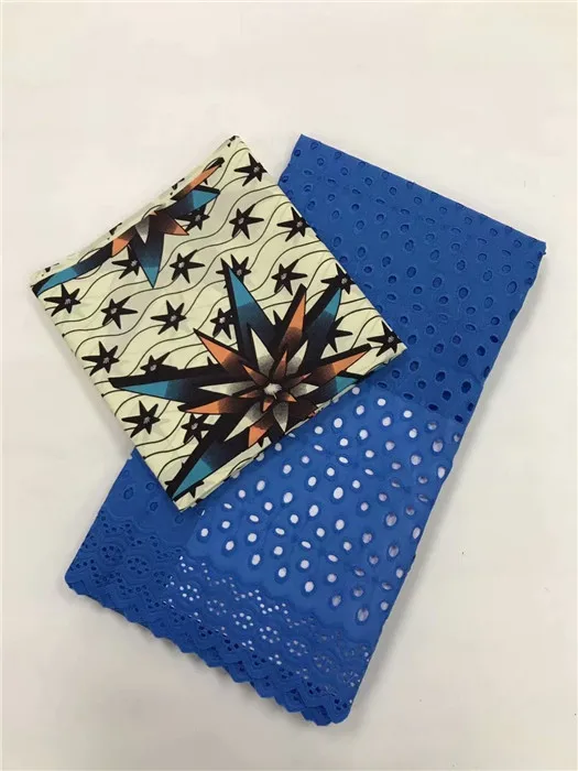 

Fashion 3Y African real print wax fabric matching with 2.5Y sky blue cotton dry lace fabric for making party dress set WWC14