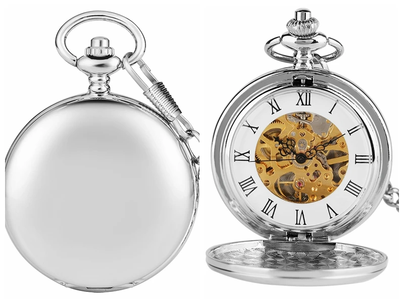 2020 New Arrival Smooth Design Double Full Hunter Skeleton Mechanical Pocket Watch for Men Steampunk Silver Hand Winding Watches