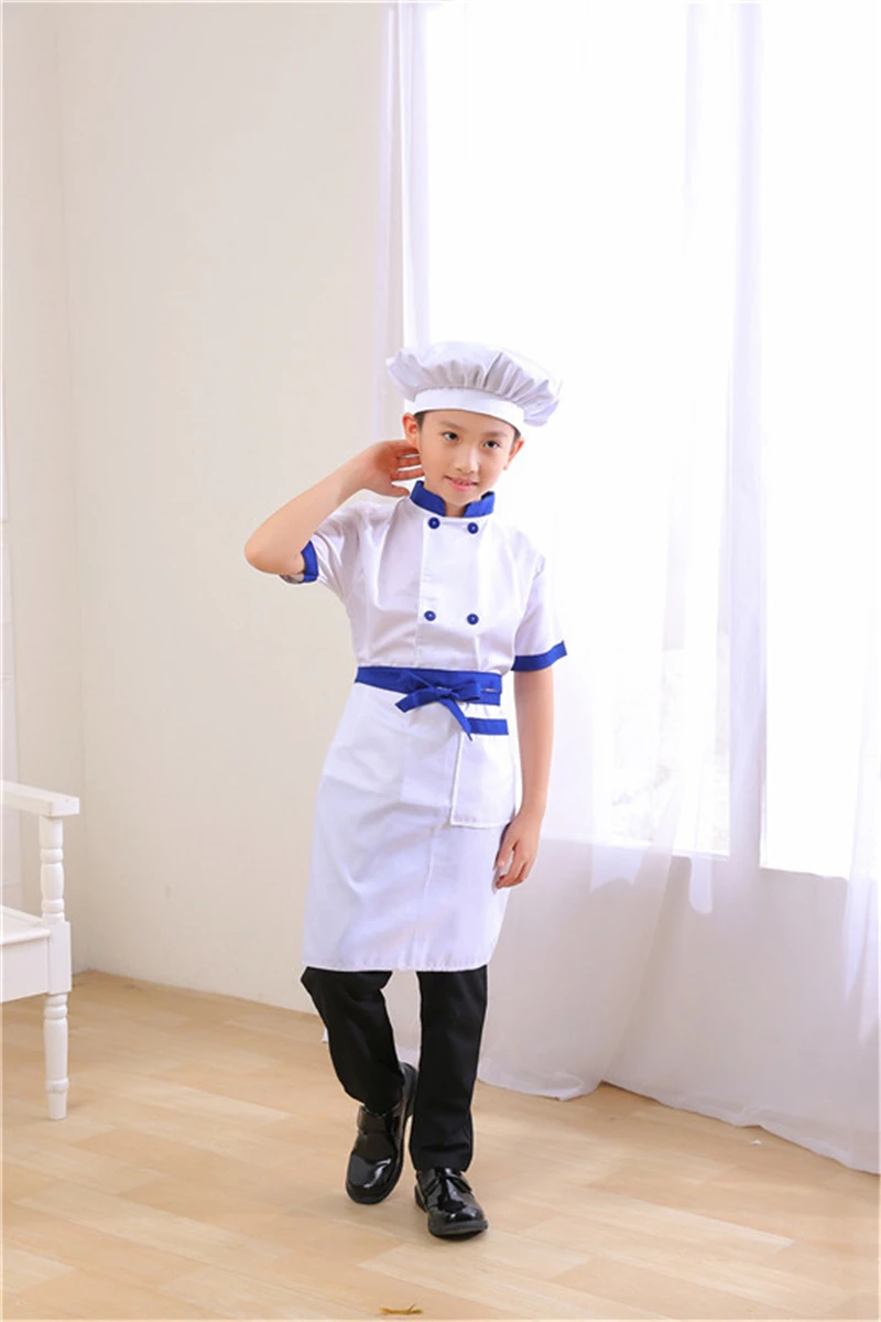Новая детская форма шеф-повара для мальчиков, косплей, кустом, кухонная куртка, фартук, шляпа, набор, Униформа, От 3 до 14 лет, одежда для девочек повара - Цвет: Blue Short Set