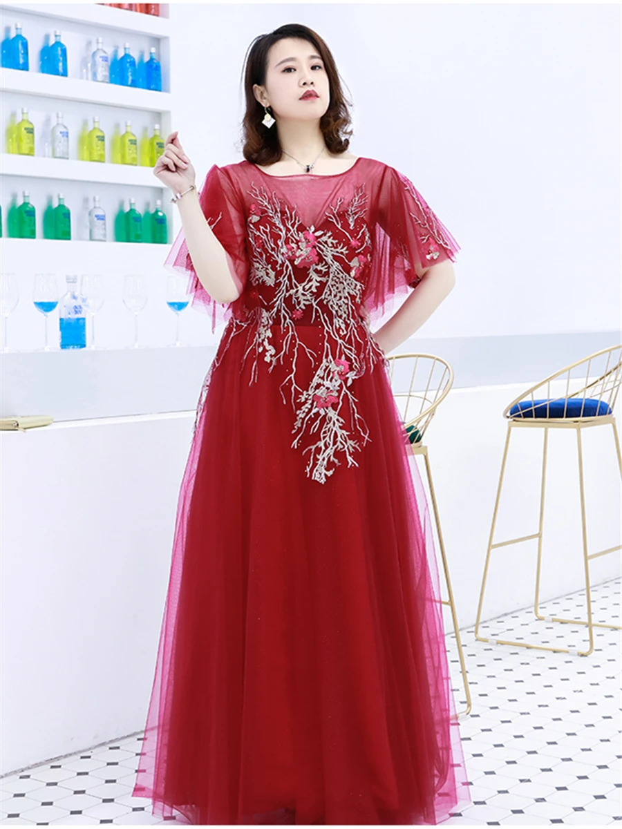 Длинные вечерние платья с вышивкой и кристаллами Robe De Soiree, женские вечерние платья с коротким рукавом размера плюс, вечерние платья с круглым вырезом T081